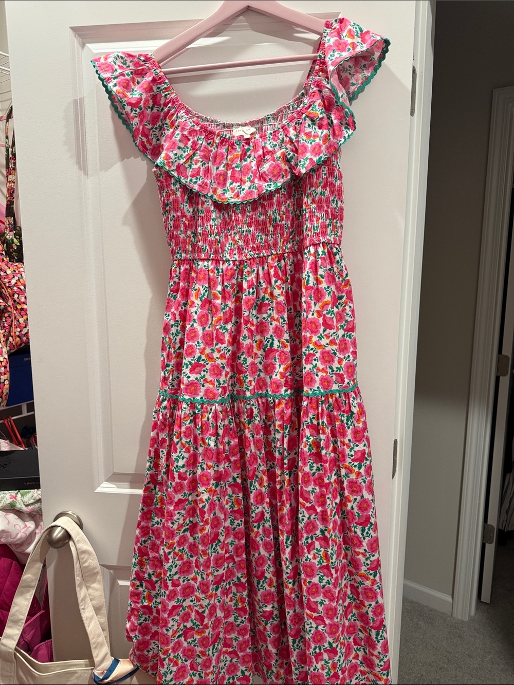NWOT Pink Floral Ruffle Shoulder Dress